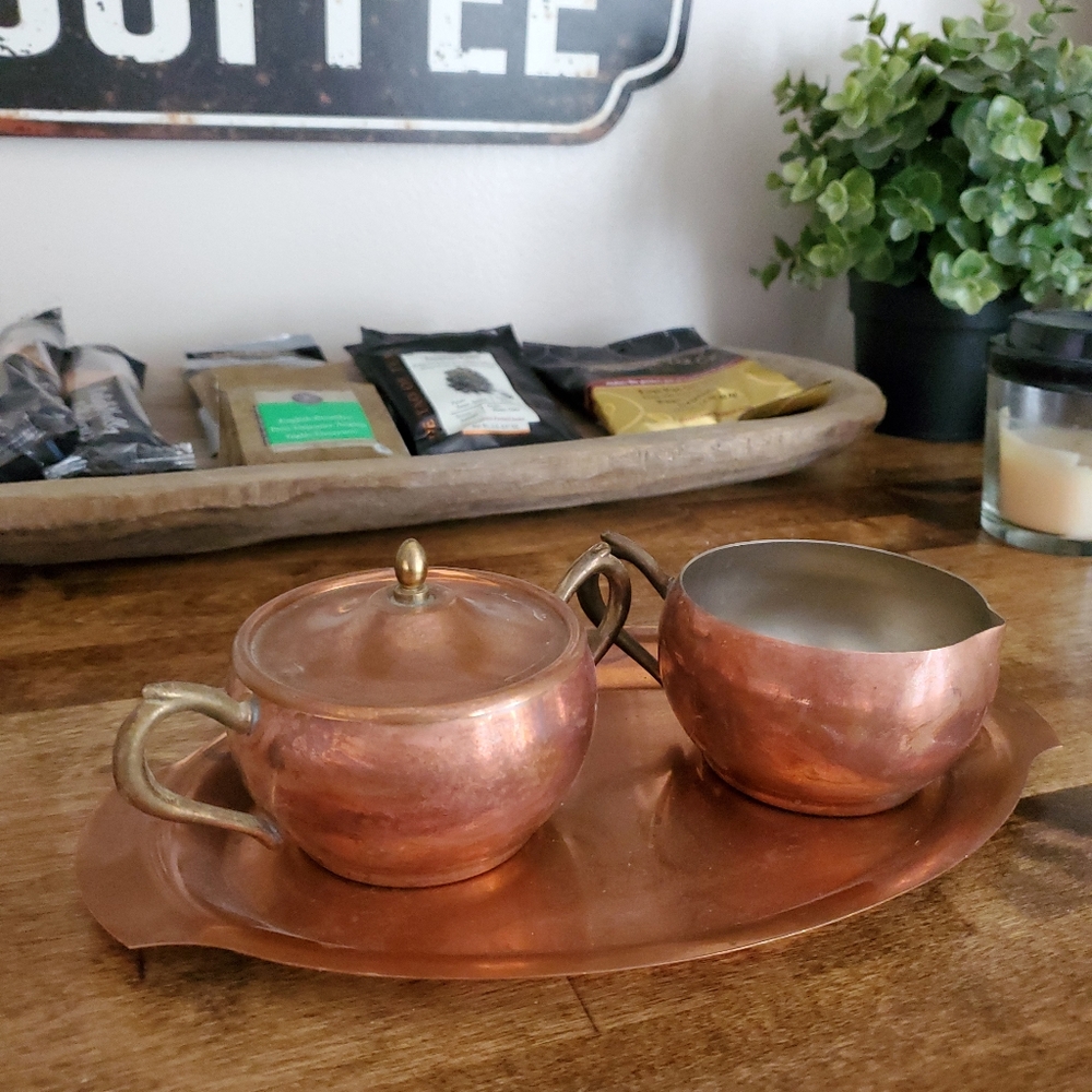 Antique Copper Cream and Sugar with Tray